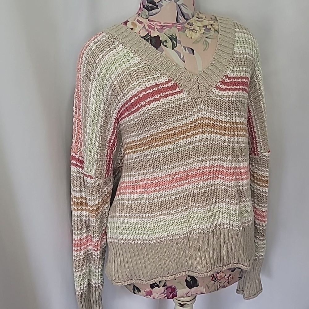 BLACK TAPE_ Cotton Knit Striped V Neck Swater Dropped Shoulder